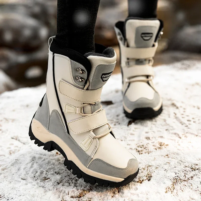 New Winter Women Boots Warm Plush Mid-Calf Women's Snow Boots Lace-up Outdoor Waterproof Hiking Boots Chaussures Femme Size 42