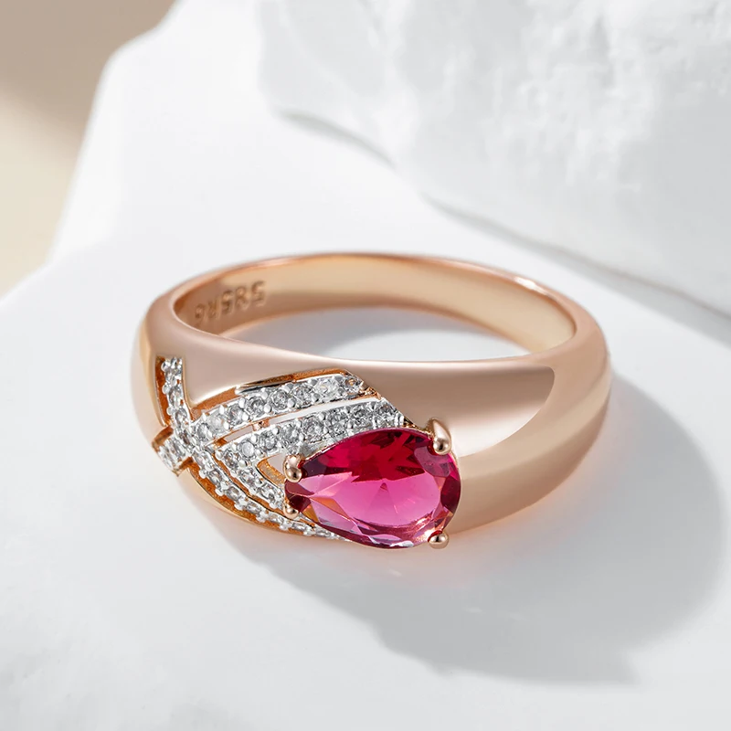Kinel Unique Ethnic Bride Red Natural Zircon Ring for Women Fashion 585 Rose Gold Silver Color Mix Daily Jewelry Crystal Gift