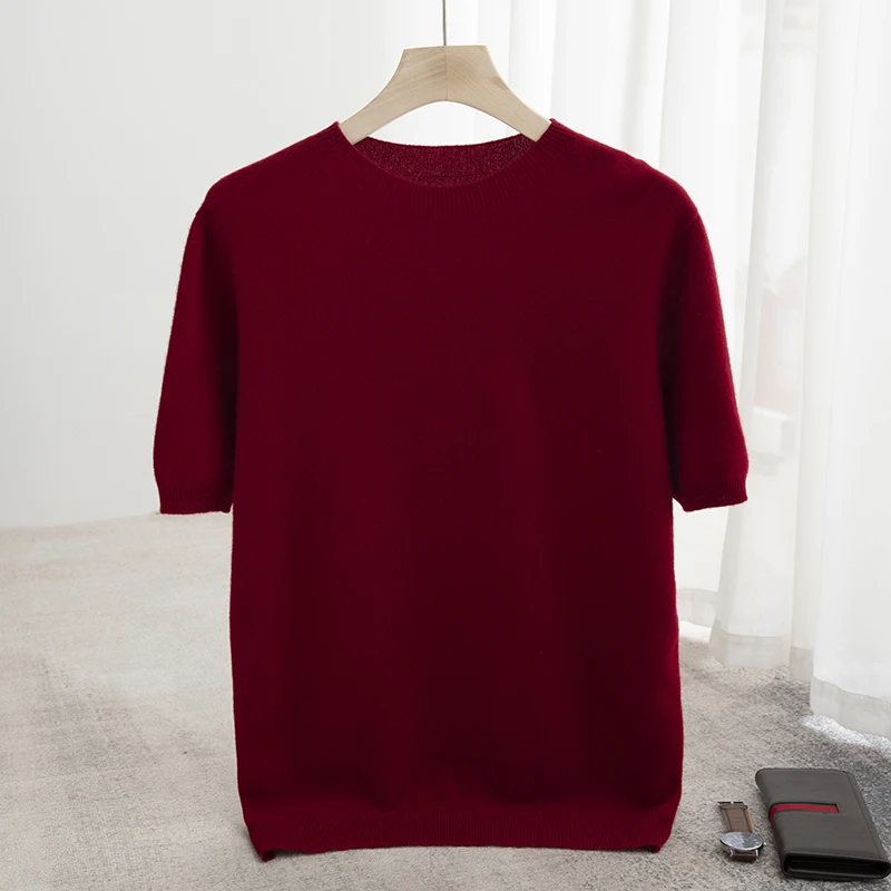 Spring Summer Men's Short Sleeved Pure Wool T-Shirt Sweater O-neck Solid Color Loose Pullover Knitted Sweater Casual Top 5