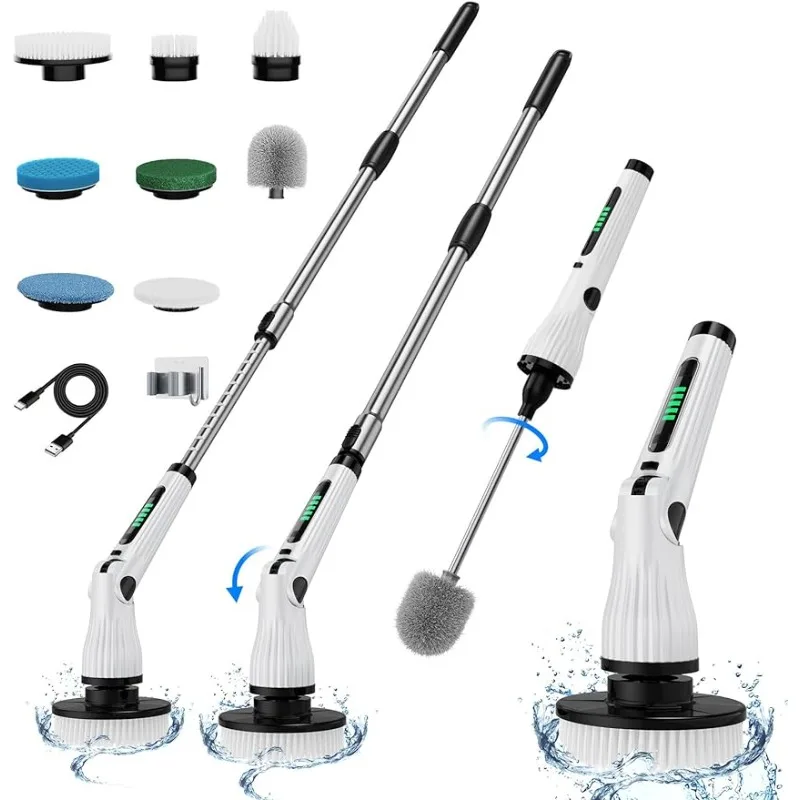 

Cordless Electric Rotary Scrubber, 8 Replaceable Brush Heads, 54.7 Inch Adjustable Extension Arm, Household Cleaning Brush