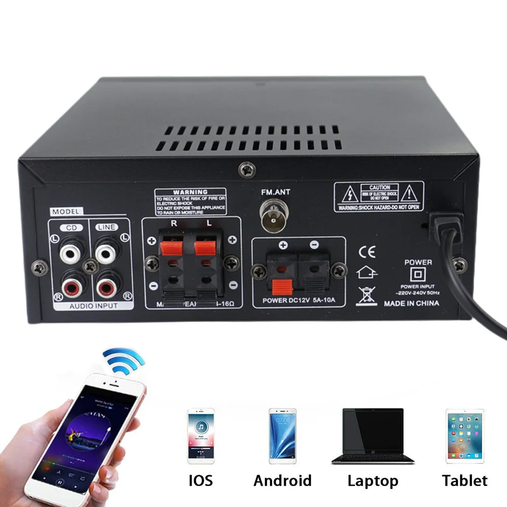 차량용 홈 스피커용 Bluetooth-Compatible5.0 파워 앰프, USB 메모리 카드, Aux 2 마이크 입력, LED 디지털, 2CH 앰프, 2x60W
