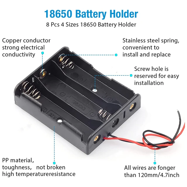 Boîte de support de batterie 18650, boîtier de stockage de batterie 3.7V, 1 fente, 1 cellule, 2 cellules, 3/4 cellules, conteneur en plastique avec des fils allergiques noirs et rouges, 3 pièces 3