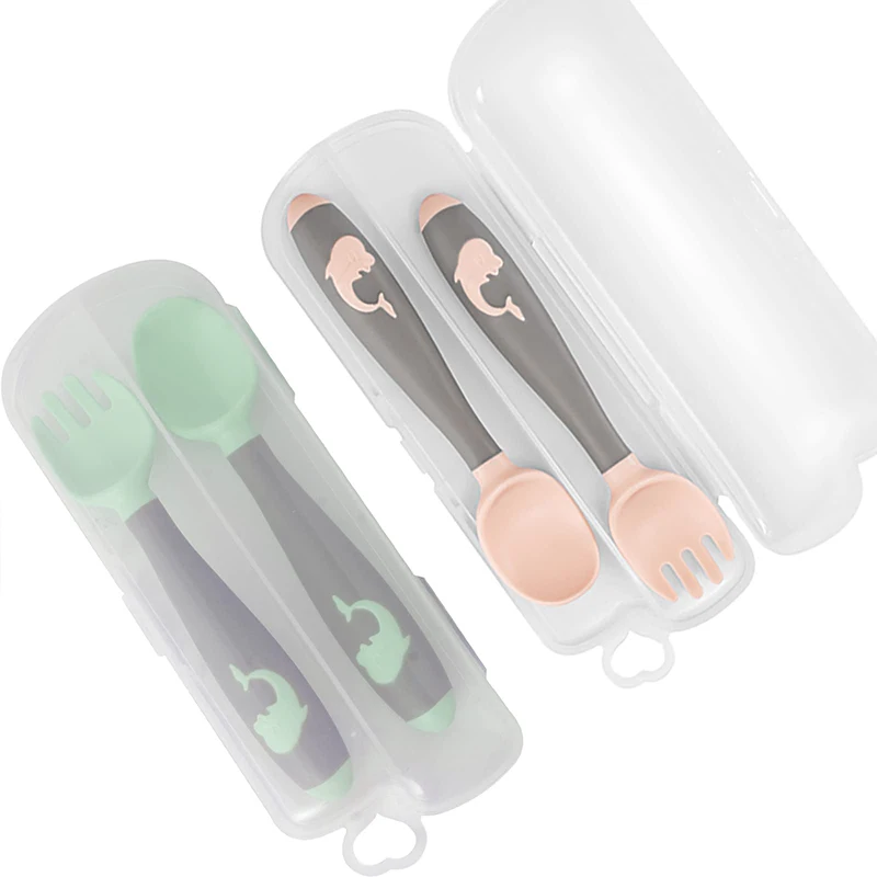Juego de utensilios de silicona para bebé, cucharas de alimentación de entrenamiento para niños, tenedor suave y flexible, vajilla infantil