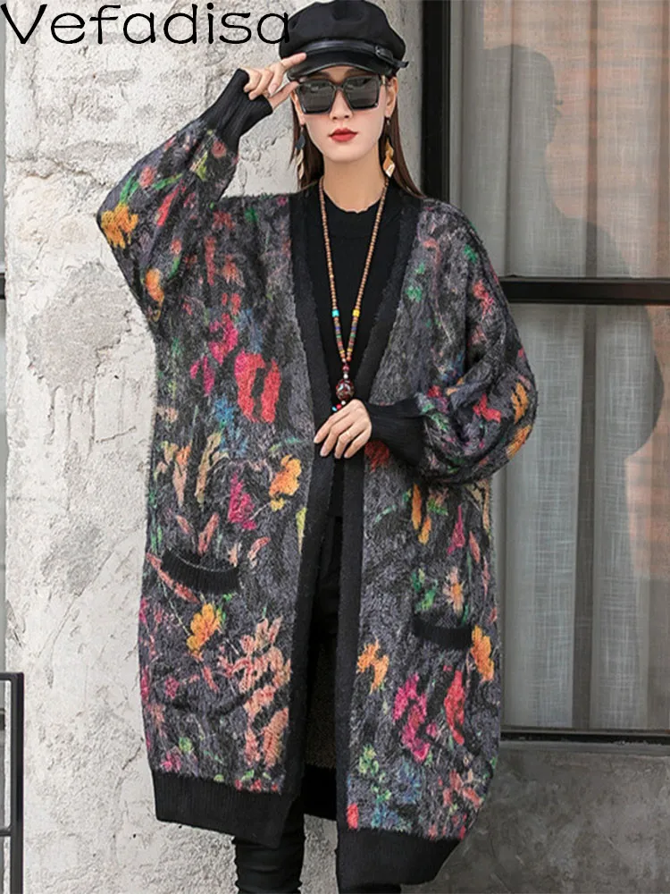 Vefadisa Women Long Sleeves Cardigan Sweater Loose Mid-length Printing Age Reduction Knitting Coat 2022 Autumn Winter LHX1501