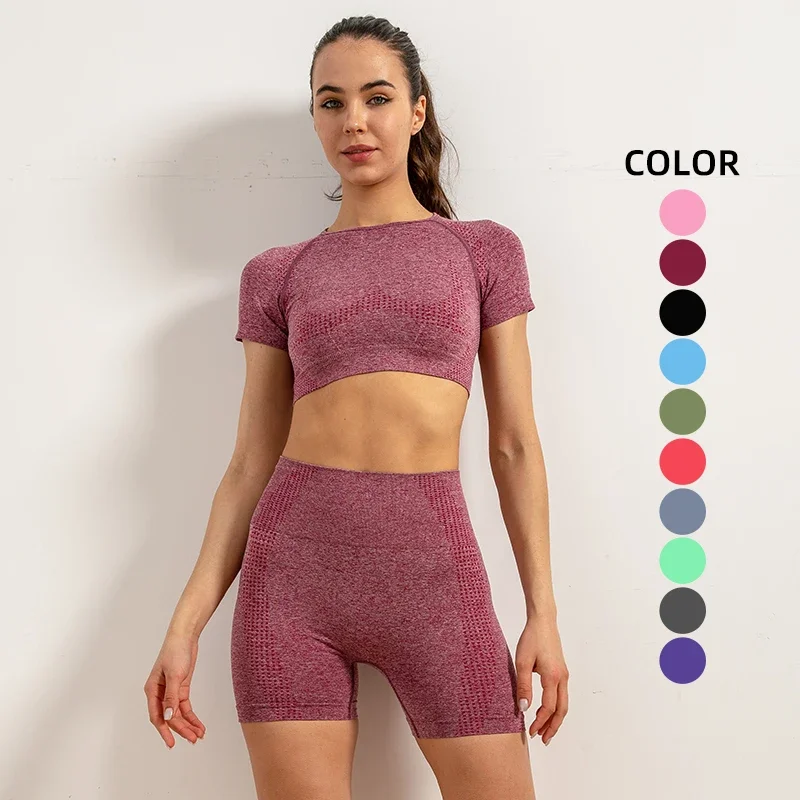 

new 2024 Seamless Yoga Set Fitness Short Sleeve Crop Top Shirts Running Shorts Workout Clothes For Women Gym Sets 2 Piece Set