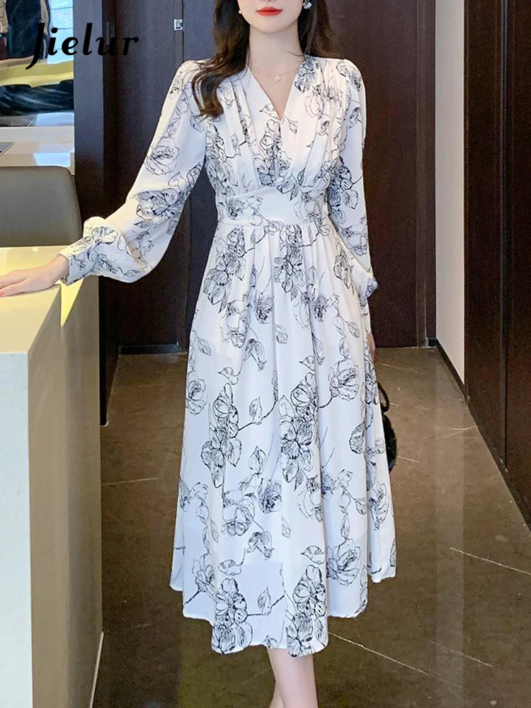 

Jielur Autumn New Vintage V-Neck Casual Ladies Dress Female Slim Flower Dresses Woman High Waist Chic Chiffon Sweet Dress Woman