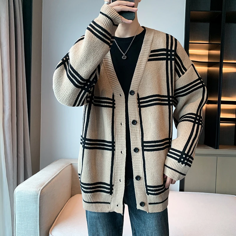 

2023 Cardigan Men Spring Korean Style Plaid Knitwear Retro Casual V-neck Loose Vintage Quality Knitted Sweater Chandails A120