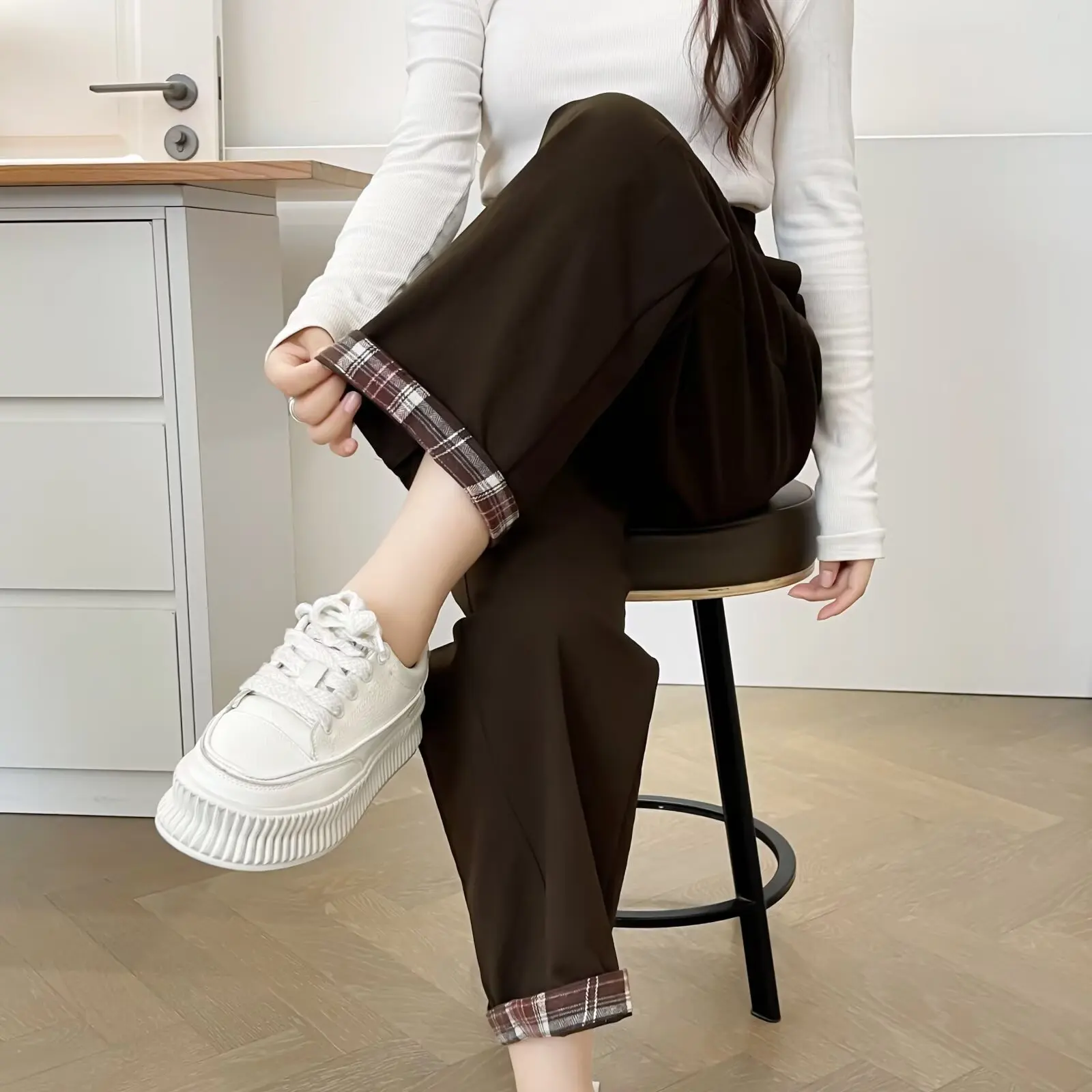 XXXXL Fashion Plus Size Women's Straight Leg Pants New Autumn rolled-up Leg Oepning Plaid Ankle-Length Trousers 2546