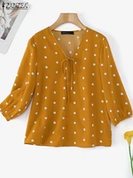 ZANZEA 2025 Summer Polka Dot Bohemian Blouse Fashion 3/4 Puff Sleeve Shirts Casual Loose Lace Up Tops Tunics Blusas Femininas - Image 5