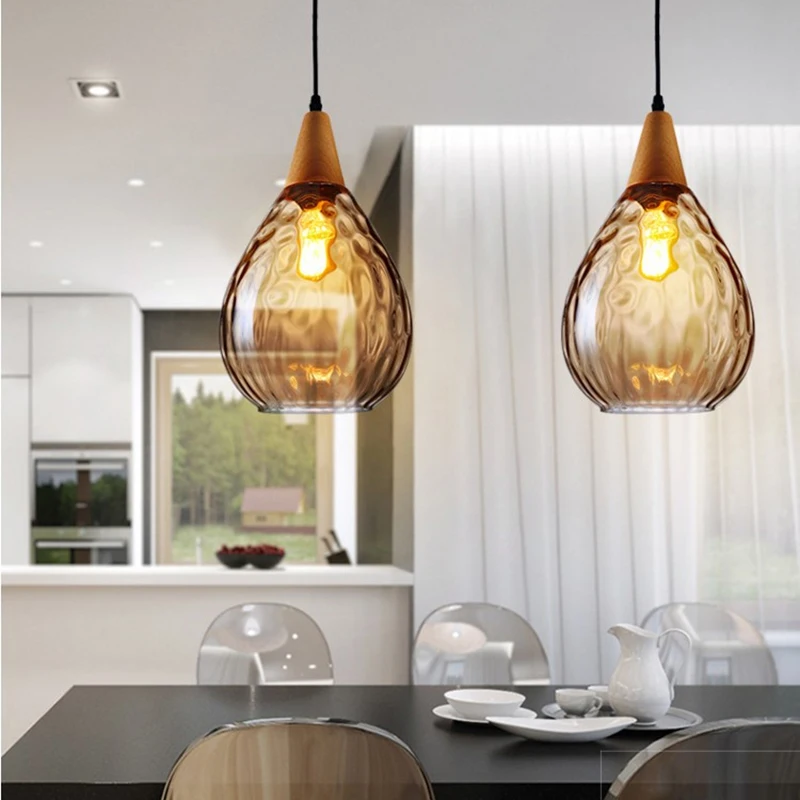 violinist Citron national flag Vintage LED pendant light amber Gray glass luminaire industrial light Water  Drop LampShade Wood Pendant Lamp living room bedroom