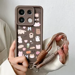 Adorable Cat Wrist Strap Lanyard Phone Case with Chain Pendant for Xiaomi Poco m6 Pro5G (NYNY32-Coffee-SS)