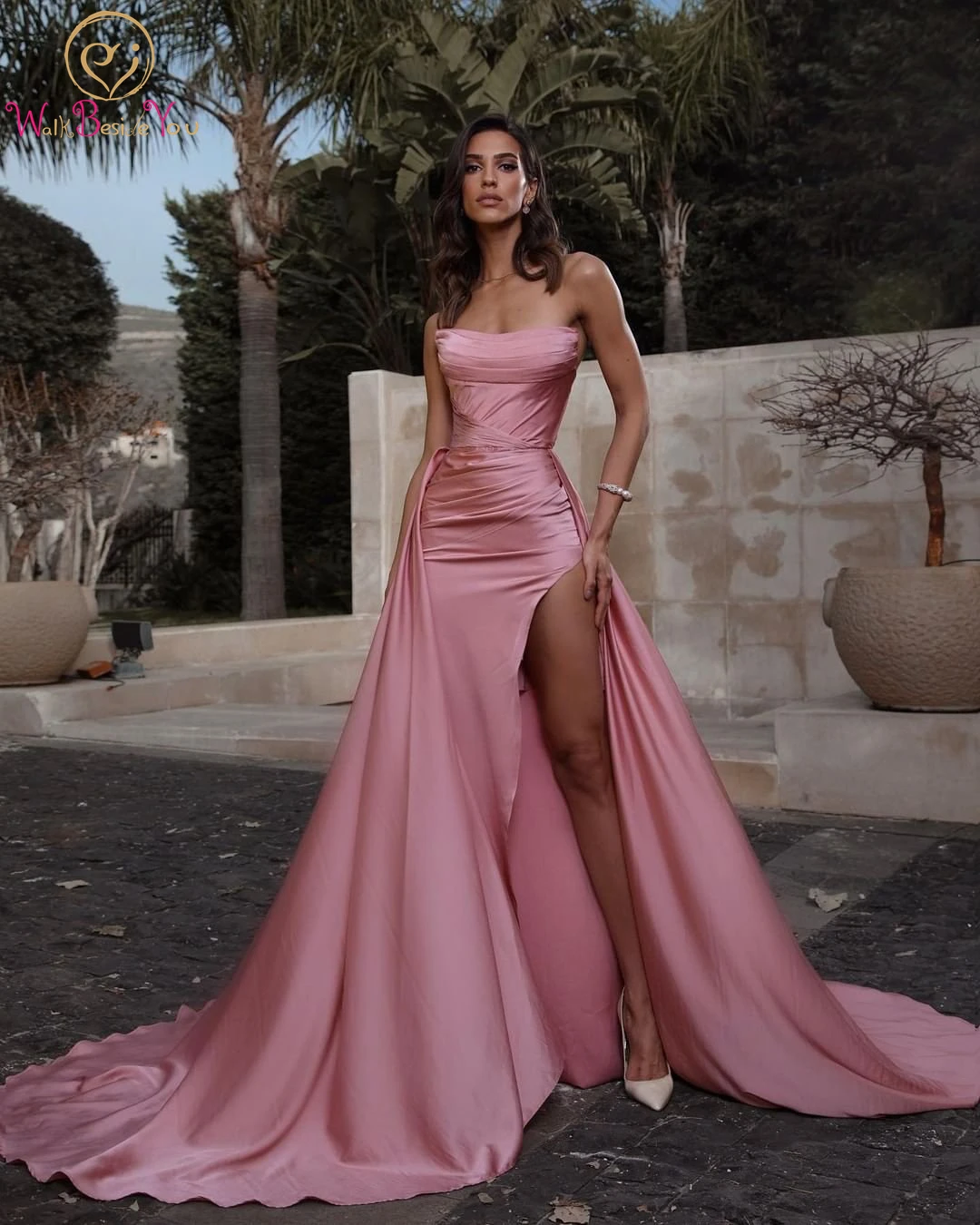 Dominic Sin Tirante Novio Largo Vestido Con Cuentas Rosa Perlado Tallas Grandes