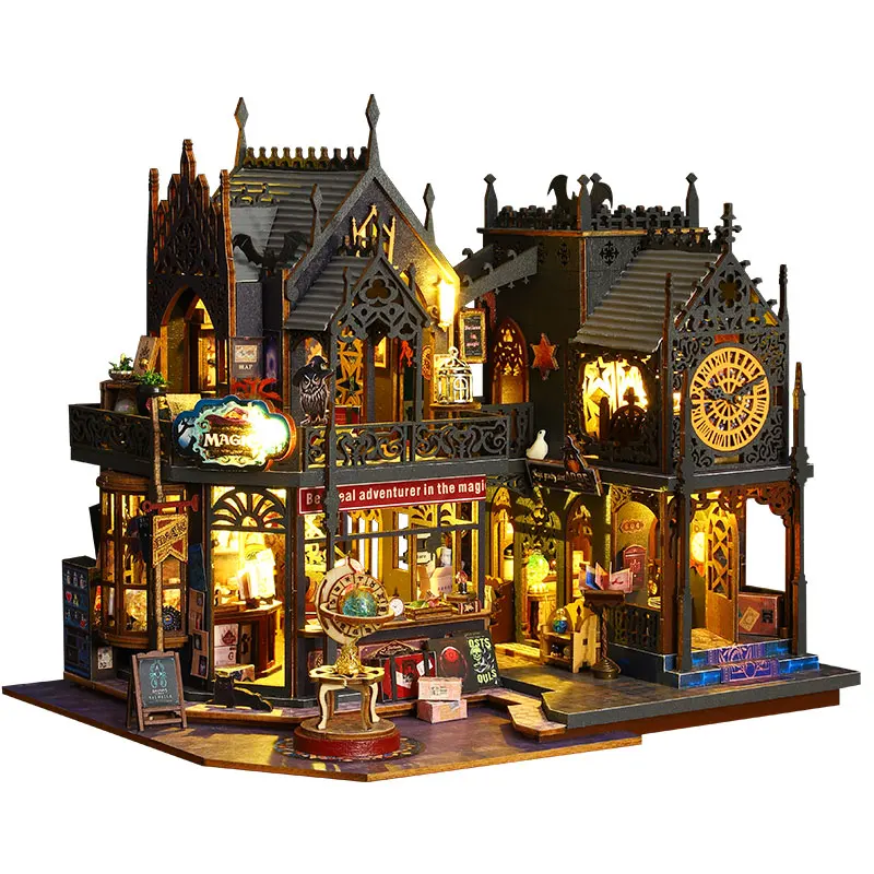 DIY Madeira Magic City Casa Miniatura Kits de Construção com Luzes LED, Casas de Boneca Montadas, Decoração, Amigos Presentes, Novo