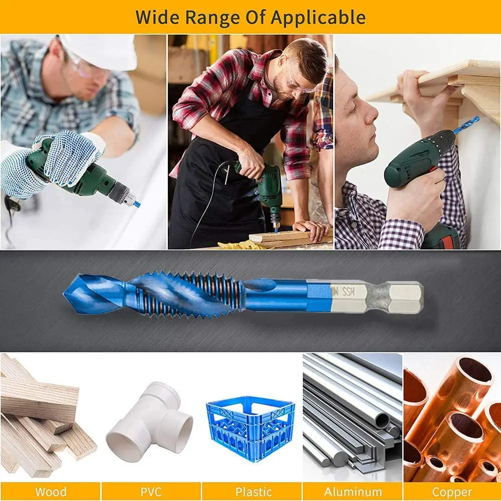 6PCS Screw Tap Drill Bits Set HSS Taps Woodworking Metric Combination 1/4" Quick Change Hex Titanium Bit M3 M4 M5 M6 M8 M10