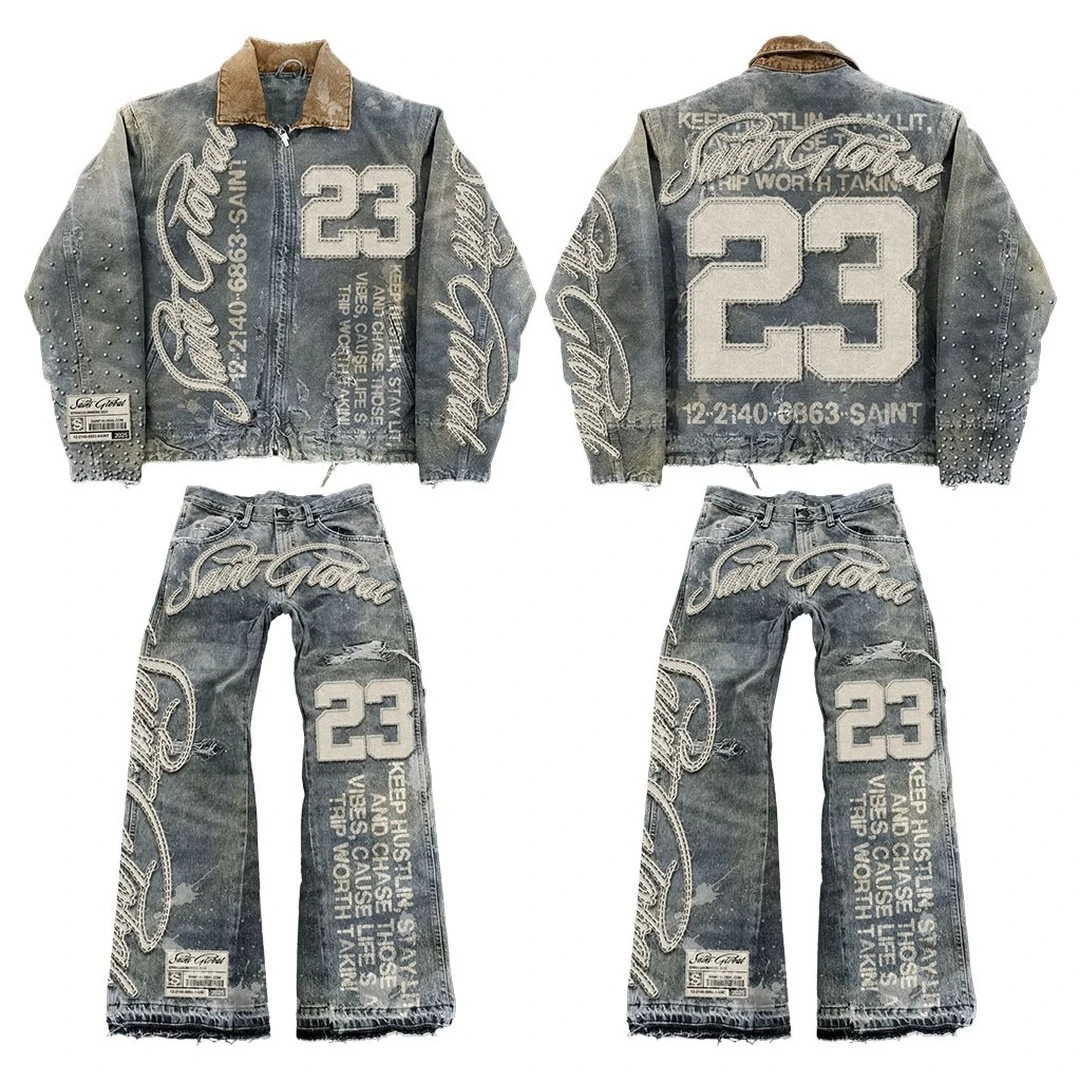 Streetwear Vintage Leather Jacket Jeans Two Piece Y2K Suit Hip Hop Letter Patchwork Embroidery Washed Blue Oversized Zipper Coat