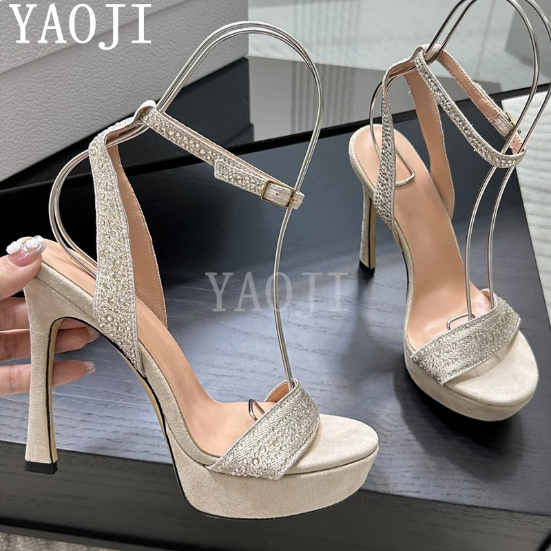 

New Suede Leather Platform Thin Heel Sandals Women Open Toe Sexy Crystal Dec Pumps Party Bride Shoes Woman Super High Heel Shoes