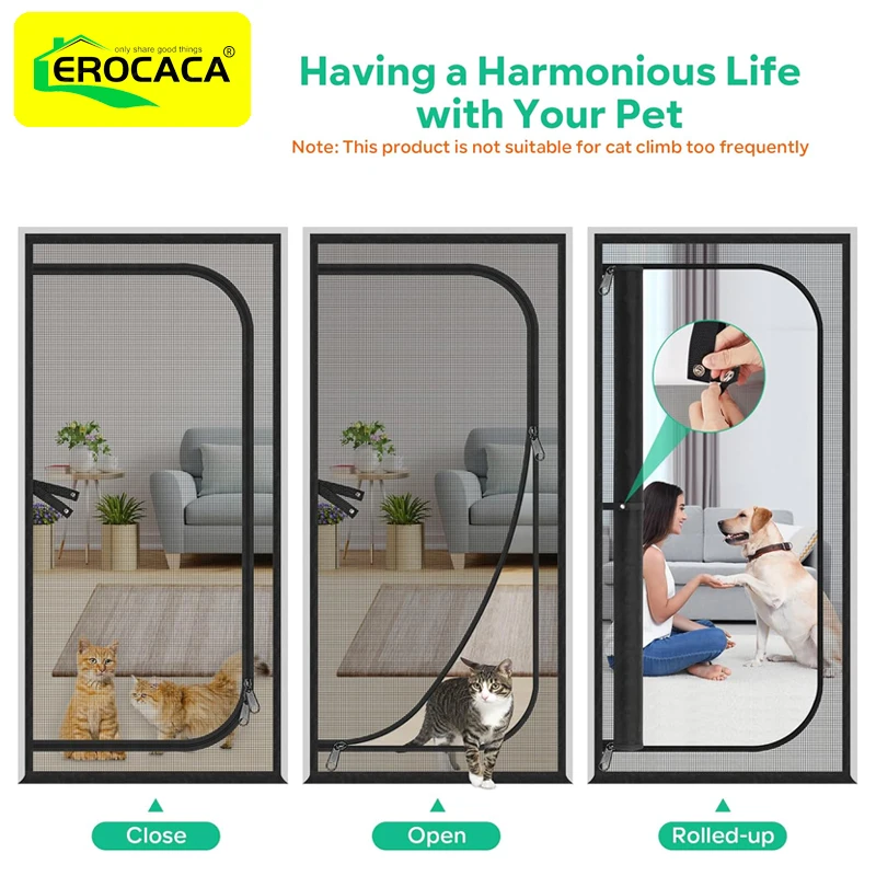 EROCACA Reinforced Cat Screen Door Pet Resistant Mesh Screen Door Pets Proof Zipper For Living Bedroom Patio