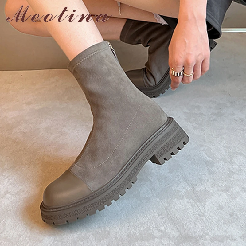 

Meotina Women Genuine Leather Ankle Boots Round Toe Platform Block Mid Heels Zipper Short Boots Lady Fashion Shoes Autumn Winter