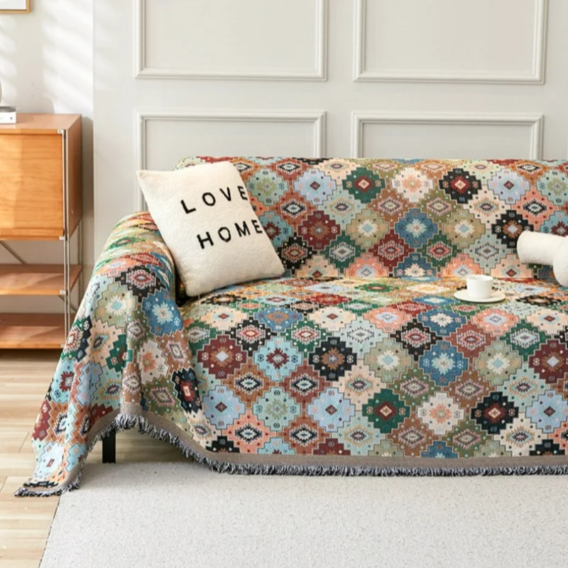 Retro Cotton Linen Sofa Towel Anti Cat Scratch Four Season Universal Sofa Covers for Living Room Boho Style Couch Slipcover Home 2