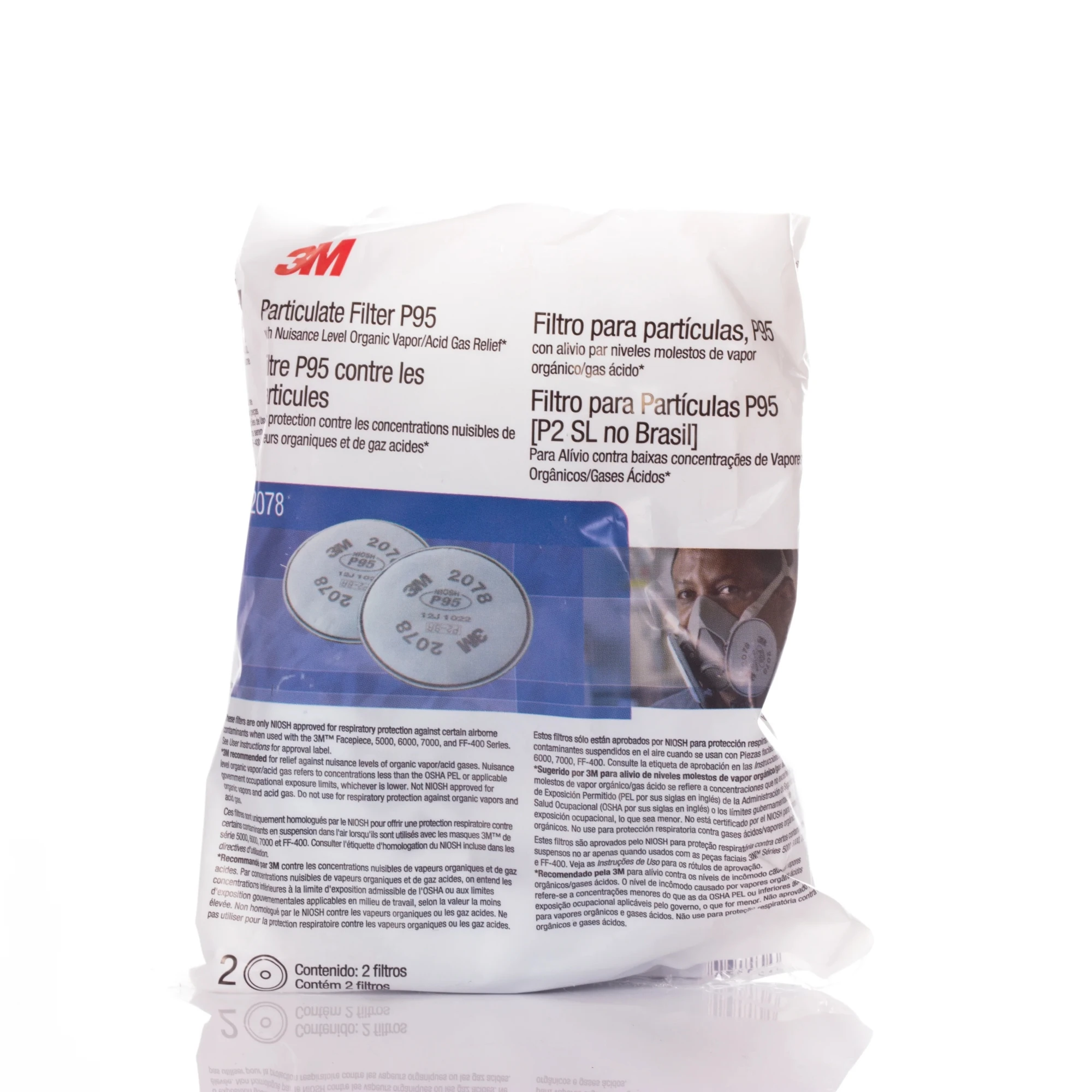 Paire de filtres 2078 P95 pour masque 3M, prêts à être installés.