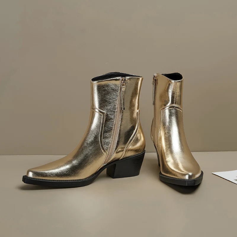 

2023 Autumn winter Women ankle boots natural leather 22-25cm cowhide+pigskin western boots pointed toe metal color short boots