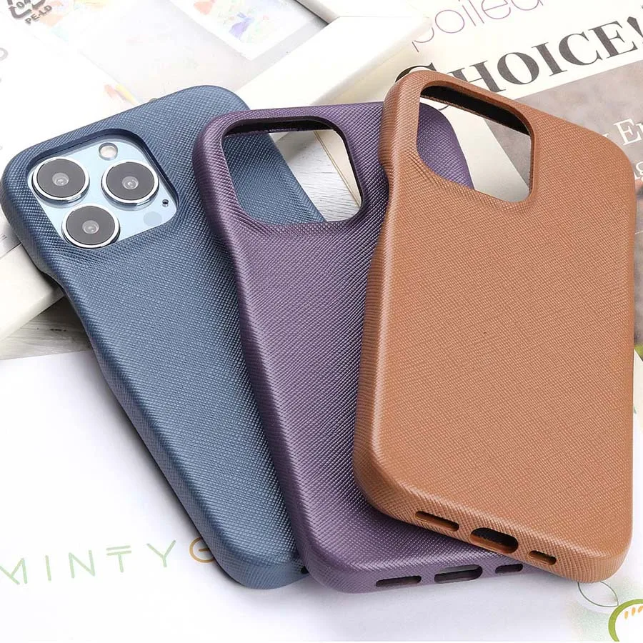 

Cross Grain Leather Back Covers For iPhone 14 13 12 11 XS Pro Max Plus Mini X XR Anti-Fingerprint Hard Phone Protective Case