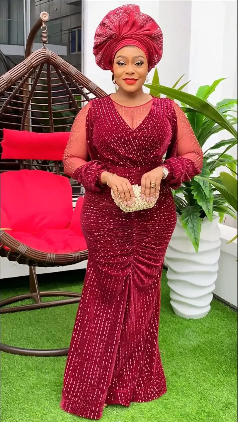 African Party Dresses for Women Elegant Plus Size Sequin Evening Gown Kaftan Muslim Maxi Long Dress Ladies Clothing 2024 New