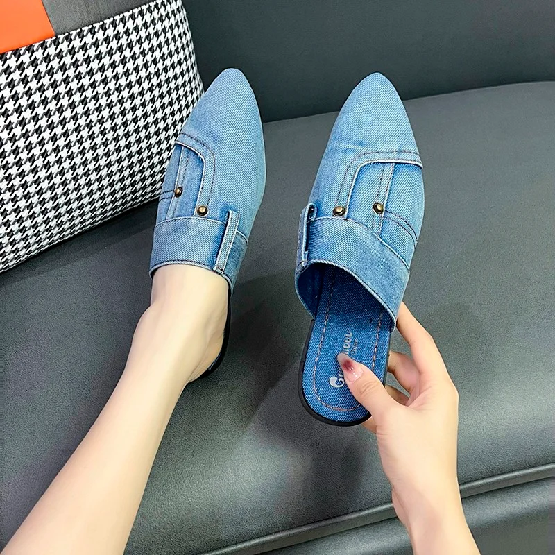 

Denim pointed toe flat shoes women 2023 new outdoor slip on simple women's summer slippers casual Muller shoes plus size 35~43