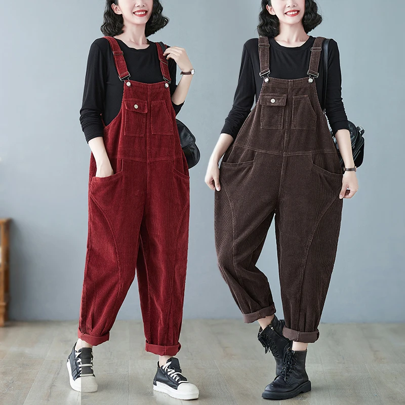 Winter Corduroy Rompers Womens Jumpsuit Loose Streetwear Straps Overalls Wide Leg Big Size Dungarees Suspender Baggy Cargo Pants