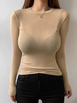 تي شيرت الكورية نمط سليم تي شيرت 2025 مثير بلايز قميص قطني بكم طويل الصيف بلايز لينة رقيقة شفافة تي شيرت فام الأبيض 3