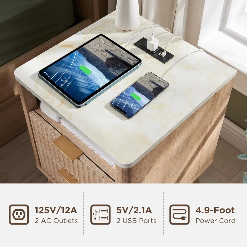 Fluted Nightstand Set of 2 with Charging Station, 18" Modern Side Table with Faux Marble Top, 2 Drawer End Table w/Storage, Bed 4