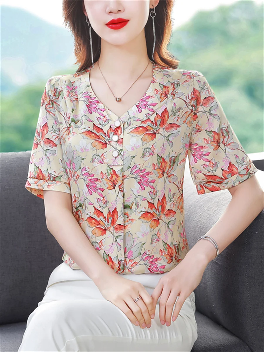 

Woman Summer Style Chiffon Blouses Tops Lady Casual Short Sleeve O-Neck Flower printed Blusas Tops DF4300