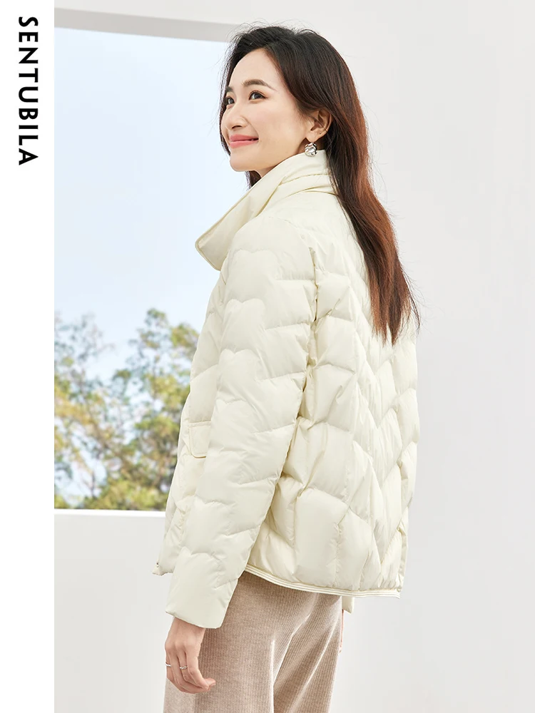 SENTUBILA Winter Casual Warm Down Jacket Women 2023 Autumn Single Breasted Stand Collar Lightweight Crop Down Coat W34Y50153