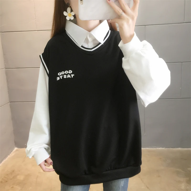 여성용 폴로 넥 긴 풀오버 소매, 스플라이싱 대조 색상, 페이크 투피스 패션, 캐주얼 한국 상의, 용수철 가을