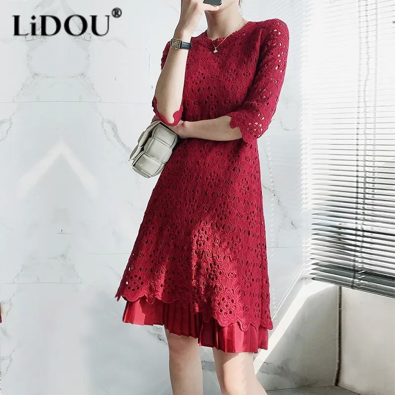 

Dress Women New Spring Summer Short Sleeve Hollow Out Lace Solid Color Popularity Office Lady Korean Style Elegant Fashion Loose