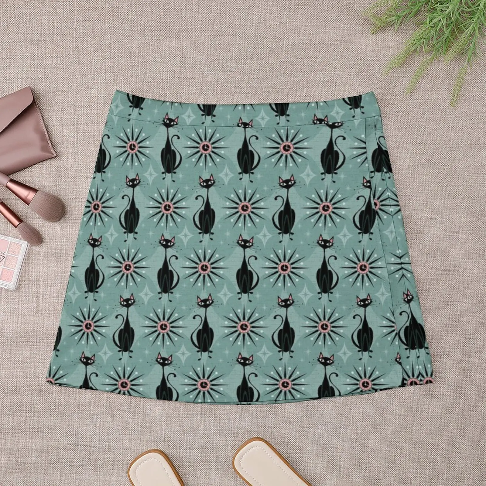 Mid Century Cats and Clocks Mini Skirt Clothing female 90s vintage clothes modest skirts for women Clothes for summer