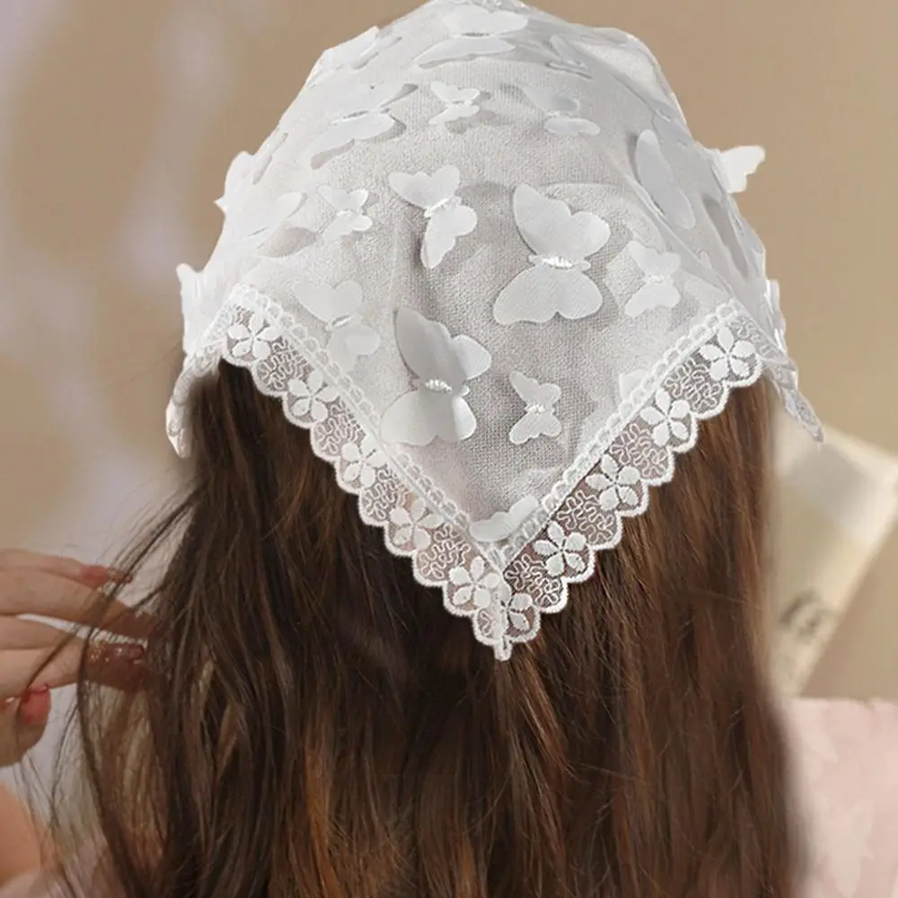 

Треугольная Бандана с цветочным рисунком, милая повязка на голову с бабочками, кружевной шарф, повязка на голову для девочек