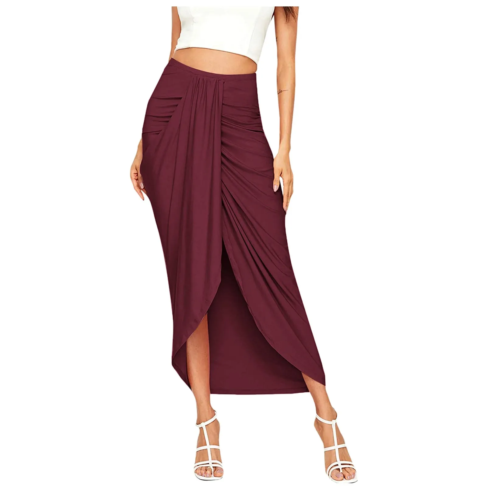 

2024 New Arrival High Waisted Sexy Women Double Slits Summer Solid Long Skirt Fashion Office Wear Knotted Wrap Mid-Length Skirts