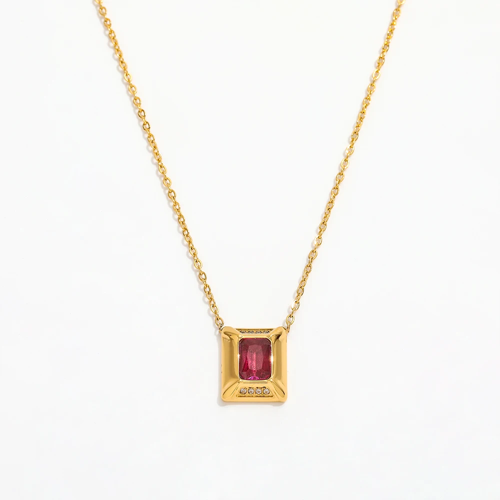 

Joolim Jewelry Wholesale No Fade Dainty Romantic Rectangular Chocolate Ruby Zirconia Pendant Stainless Steel Necklace for Women