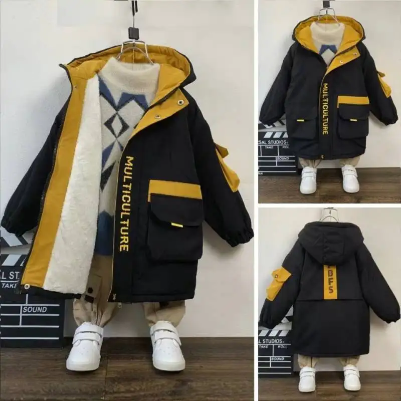 Boys Coat Jacket Overcoat Cotton New Warm Thicken Velvet Winter Sports Teenager School Kids Children's Clothing