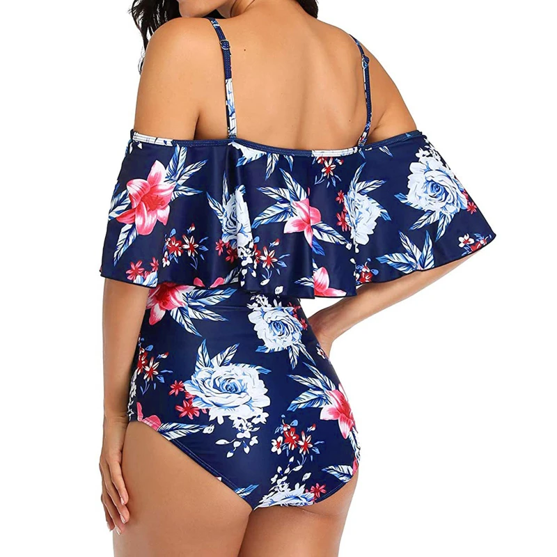 Womens Girls Maternity Tankinis Women Flower Print Bikinis Swimsuit Beachwear Pregnant One-Shoulder Ruffle Pregnant Swimwear
