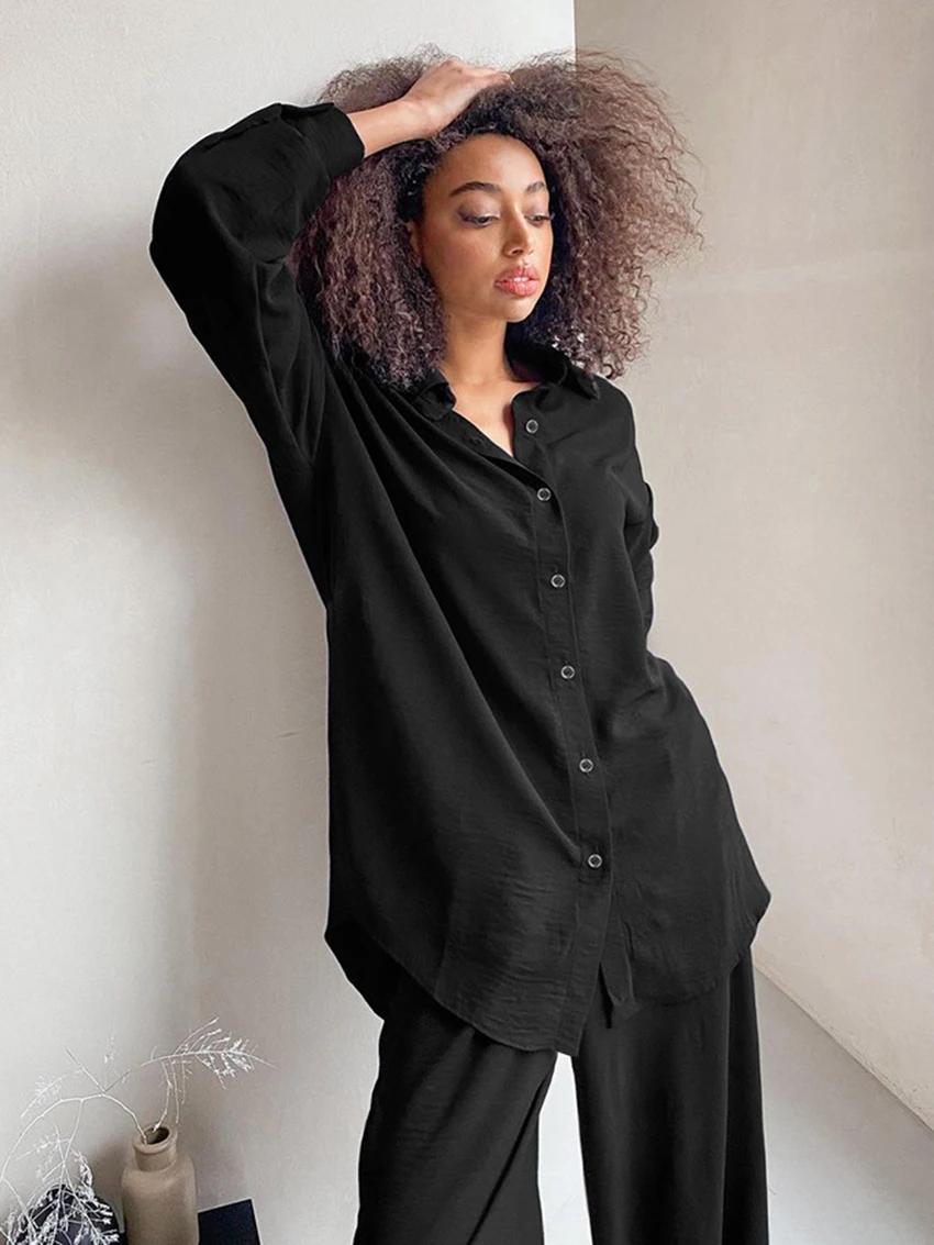 Marthaqiqi Home Clothes Women Long Sleeve Sleepwear Turn-Down Collar Nightwear Wide Leg Pants Winter Ladies Pajamas 2 Piece Set