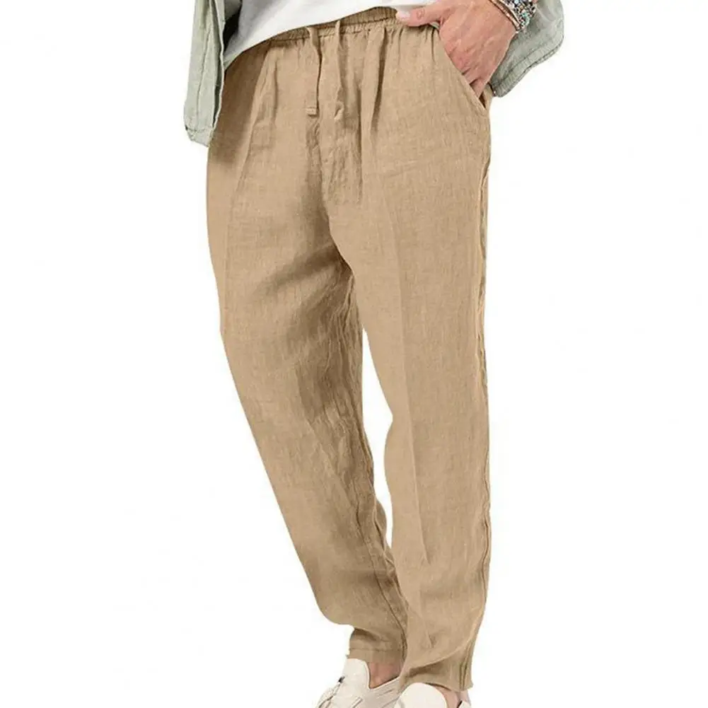 

Men Drawstring Long Trousers Solid Color Men Trousers Streetwear Men's Casual Trousers Straight Leg Pants with Elastic for A