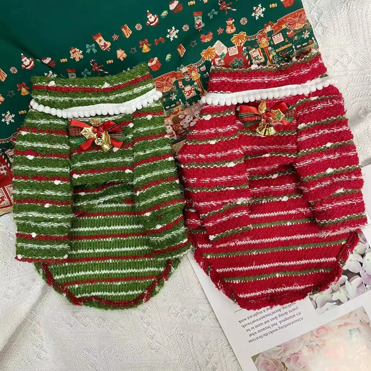 빨간색 녹색 줄무늬 크리스마스 애완견 옷 가을 겨울 신상품 휴일 파티 니트 후..