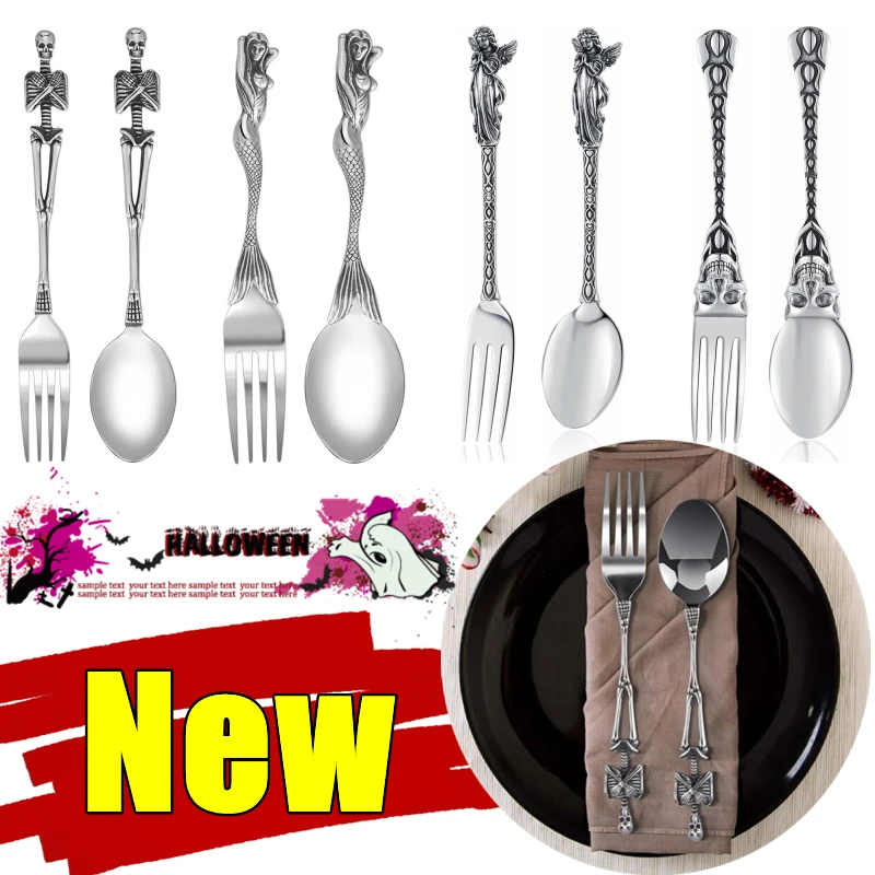 Stainless Steel Skeleton Skull Spoon and Fork Flatware Tableware Angel Mermaid Look Great Gifts Halloween Easter and Christmas
