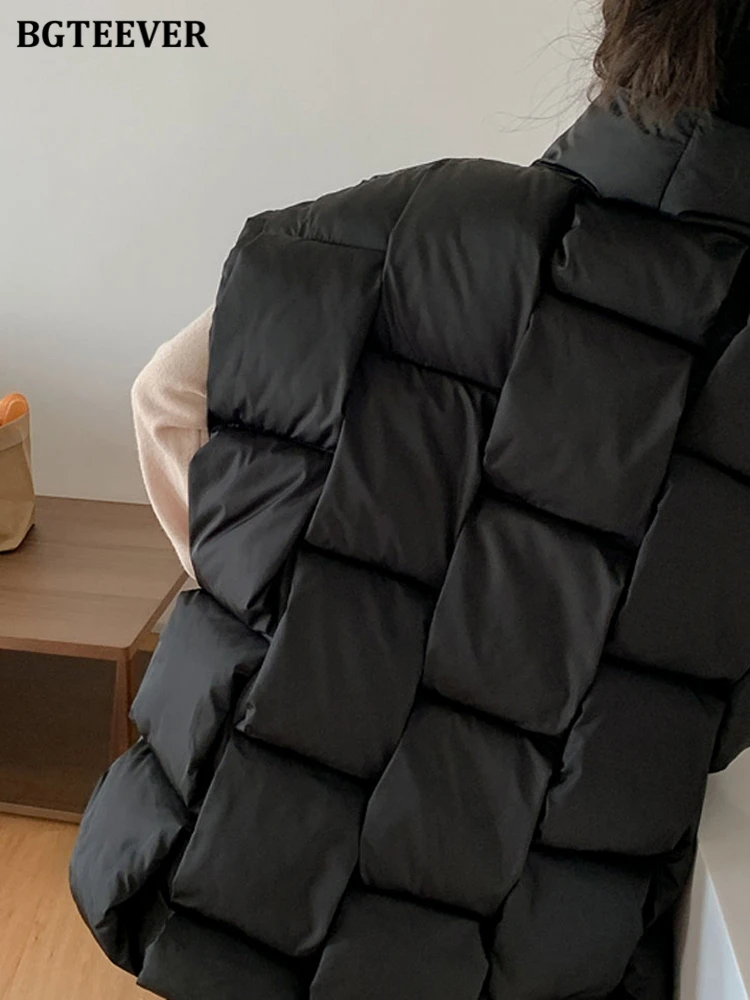 BGTEEVER Winter Sleeveless Cotton Padded Women Parkas Vests Casual Loose Zippers Female Down Jackets Plaid Ladies Warm Coat