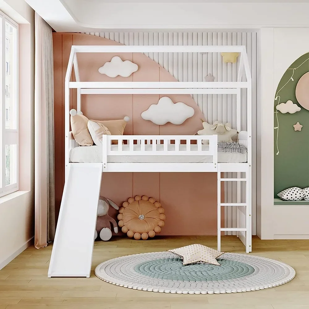 Twin Size Loft Bed with Slide for Kids Bedroom,House Shaped Solid Wood Bedframe w/Full-Length Guardrail Space Saving Design 3