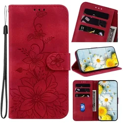 Magnetic Leather Embossed Lilies Flip Wallet Phone Case for Pixel 6 (Red)