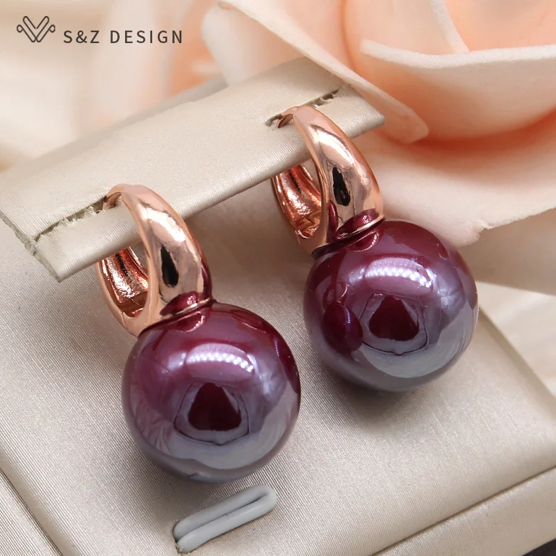 S&Z DESIGN New Fashion Colorful Wine Red Round Beads Dangle Earrings For Women Temperament Daily 585 Rose Gold Color Jewelry