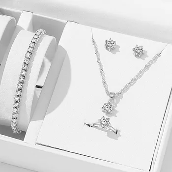 5 pçs elegante conjunto de jóias de cristal zircônia anel colar pulseira brincos simples conjunto jóias moda versátil na moda jóias 1